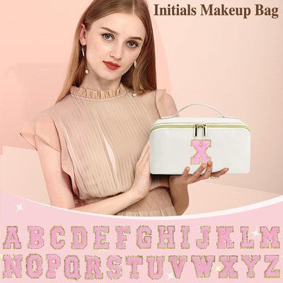 Valentines Day Gifts - Initial Makeup Bag for Teen Girl Gifts Trendy Stuff - Travel Cosmetic Bags for Women - PU Leather Toiletry Bag Make Up Pouch - Personalized Skincare Bag Birthday Gifts - White L