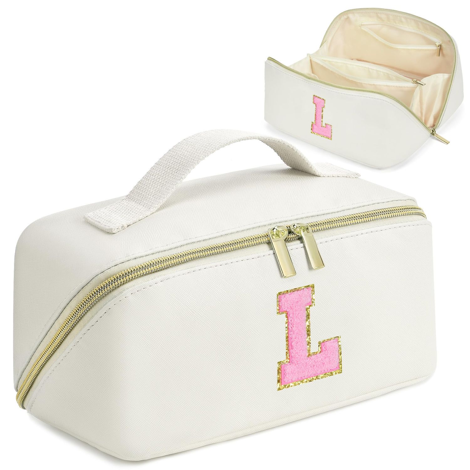 Valentines Day Gifts - Initial Makeup Bag for Teen Girl Gifts Trendy Stuff - Travel Cosmetic Bags for Women - PU Leather Toiletry Bag Make Up Pouch - Personalized Skincare Bag Birthday Gifts - White L