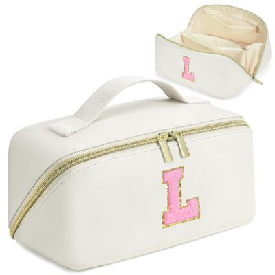 Valentines Day Gifts - Initial Makeup Bag for Teen Girl Gifts Trendy Stuff - Travel Cosmetic Bags for Women - PU Leather Toiletry Bag Make Up Pouch - Personalized Skincare Bag Birthday Gifts - White L