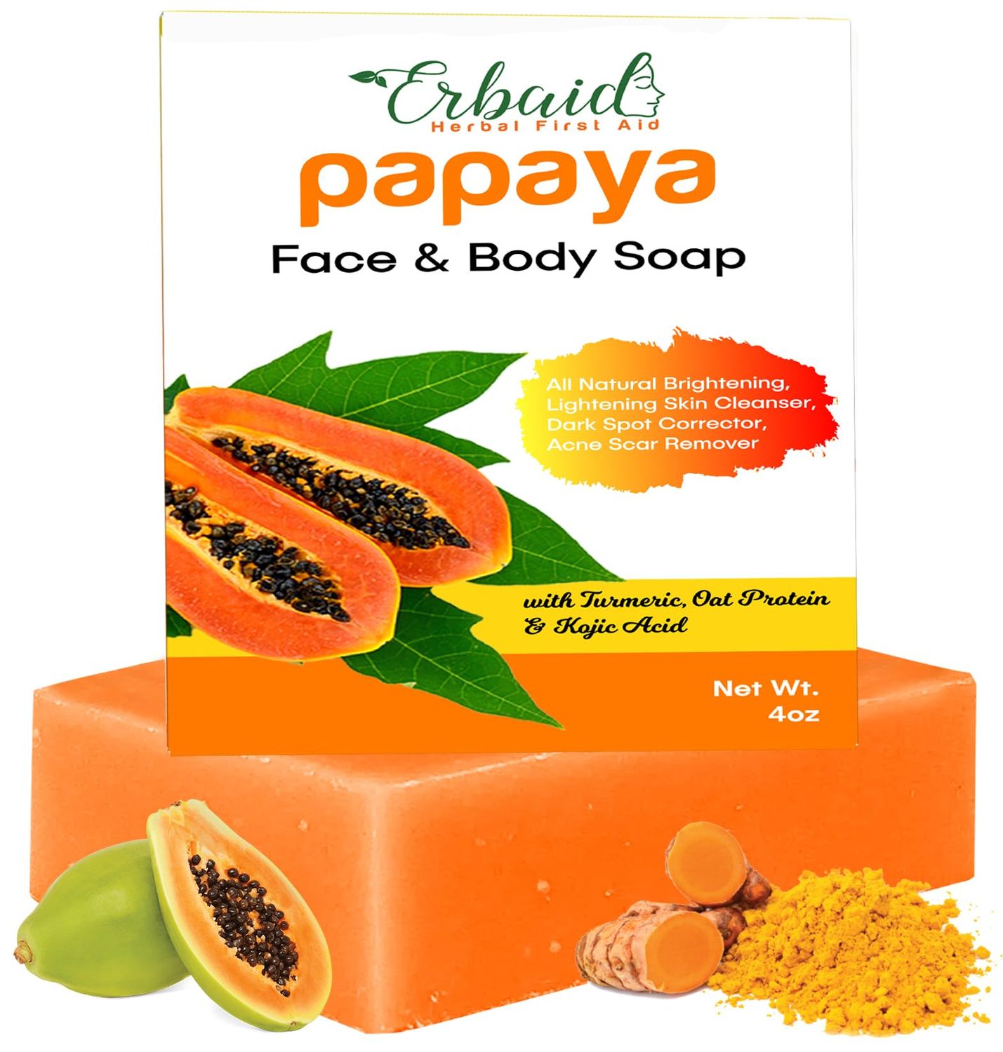 Papaya Soap Face &amp; Body Wash - Skin Brightening Papaya Soap Bar for Dark Spots - Reduce Acne, Cleanse Scars, &amp; Even Skin Tone - with Turmeric, Kojic Acid &amp; Essential Oils - for All Skin Types