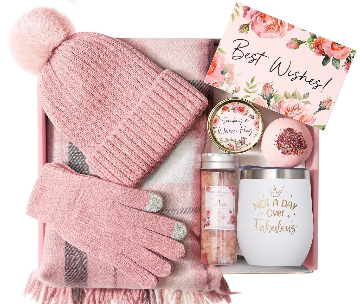 Valentines Day Gifts for Her, Relaxing Spa Gifts for Women Self Care Gifts Care Package Unique Birthday Gifts for Women Friend Her Mom Sister Wife Daughter w/Winter Beanie Hat Plaid Scarf Gloves Set