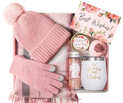 Valentines Day Gifts for Her, Relaxing Spa Gifts for Women Self Care Gifts Care Package Unique Birthday Gifts for Women Friend Her Mom Sister Wife Daughter w/Winter Beanie Hat Plaid Scarf Gloves Set