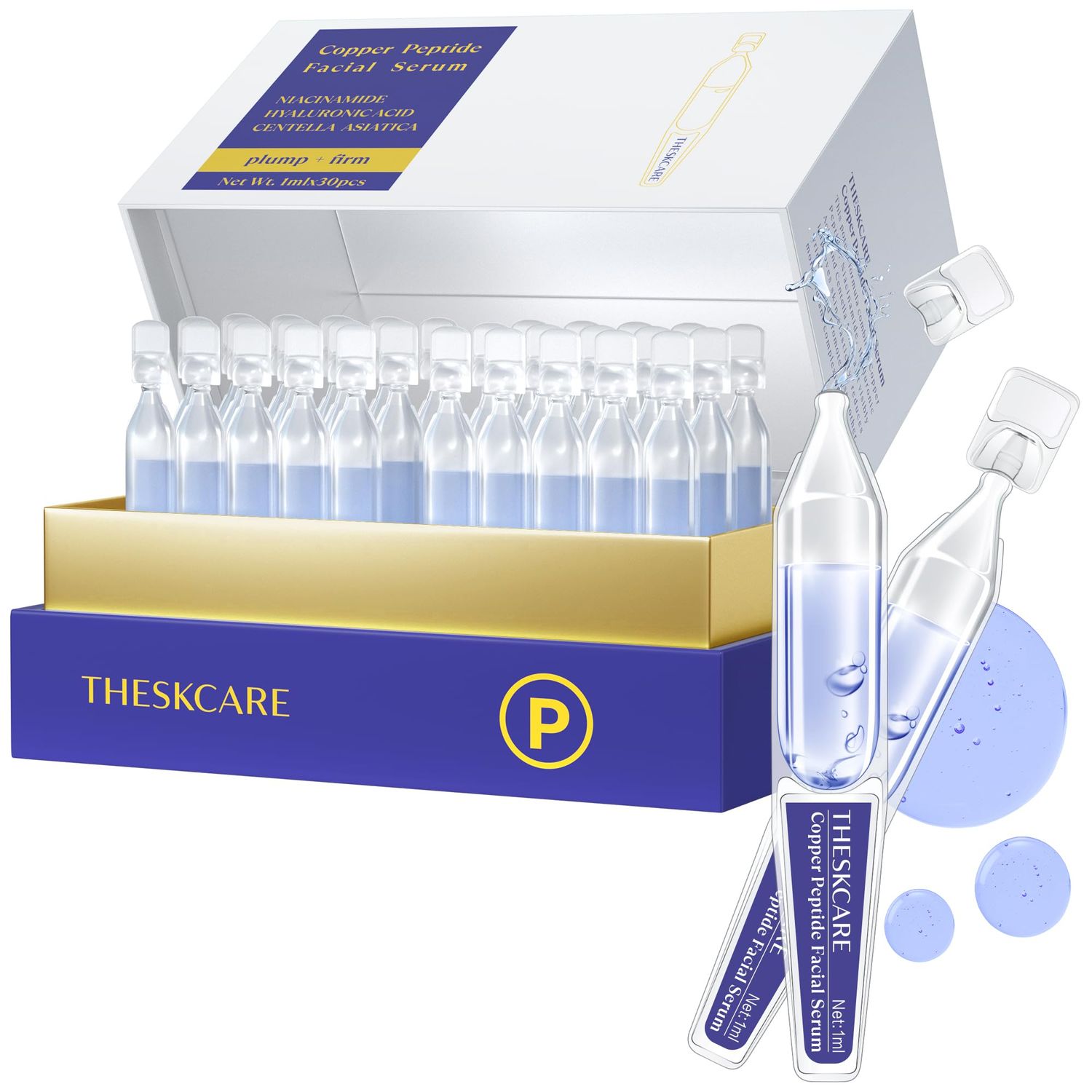 THESKCARE Copper Peptide Serum Ampoule for Face with Niacinamide &amp; Hyaluronic Acid to Hydrate Skin, Reduce Wrinkles and Plump Skin,30 Ampoules