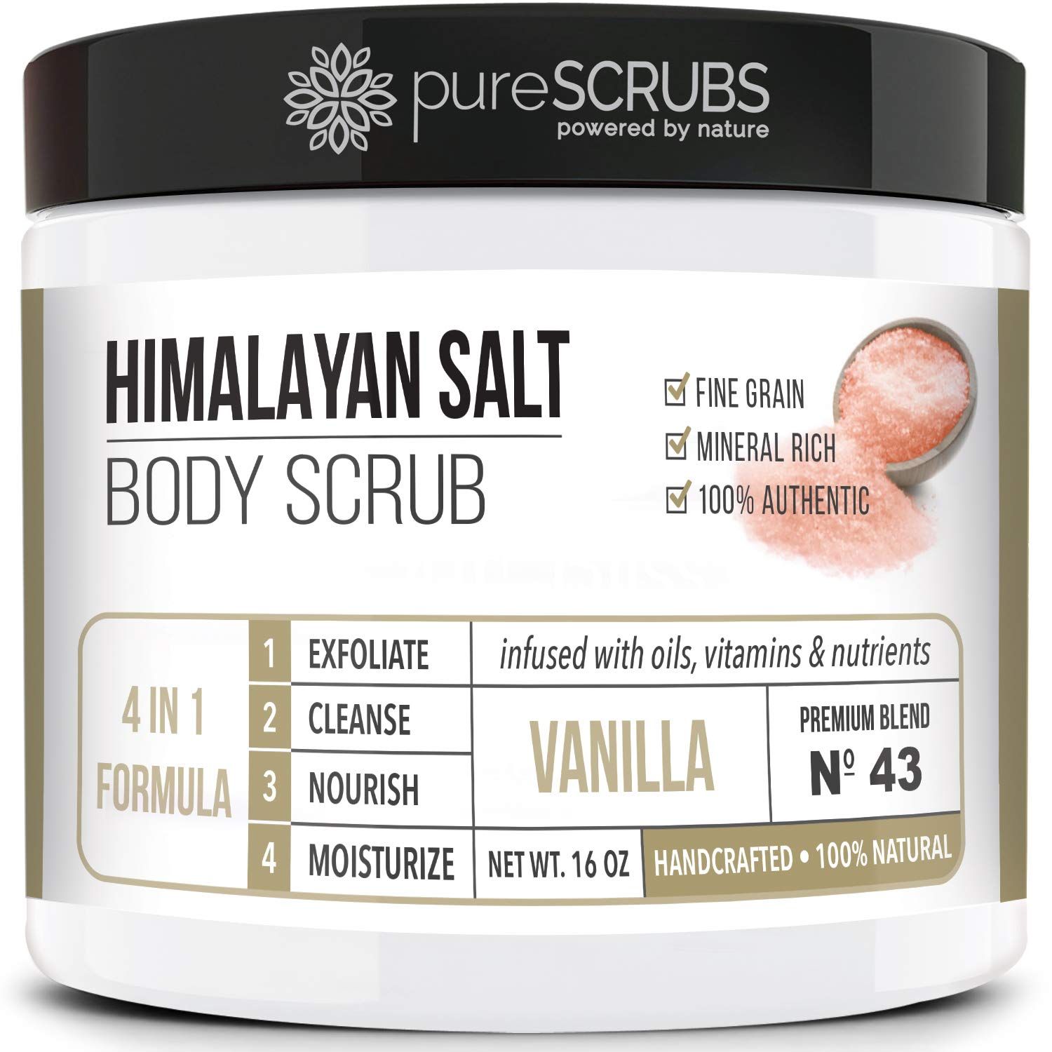 pureSCRUBS Premium Pink Himalayan Salt Body Scrub Set - Large 16oz VANILLA SCRUB, Organic Essential Oils &amp; Nutrients INCLUDES Wooden Stirring Spoon, Loofah &amp; Mini Exfoliating Bar Soap