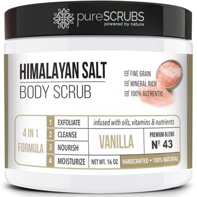 pureSCRUBS Premium Pink Himalayan Salt Body Scrub Set - Large 16oz VANILLA SCRUB, Organic Essential Oils &amp; Nutrients INCLUDES Wooden Stirring Spoon, Loofah &amp; Mini Exfoliating Bar Soap