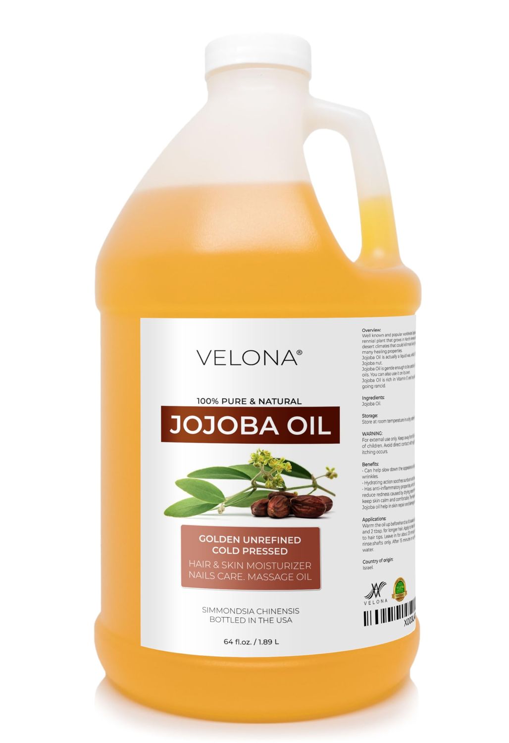 Jojoba Oil - 64 oz | 100% Pure and Natural | Golden, Unrefined, Cold Pressed, Hexane Free | Moisturizing Face, Hair, Body, Skin Care, Stretch Marks, Cuticles