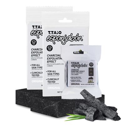 T.Taio Esponjabon Charcoal Soap Sponge - Cleansing Shower Scrubber - Cleaning Bath Wash Scrub - Oil Removal - Massage &amp; Lather Foot, Elbow, &amp; Face - Bathroom Accessories - Charcoal, Mini Soap Included