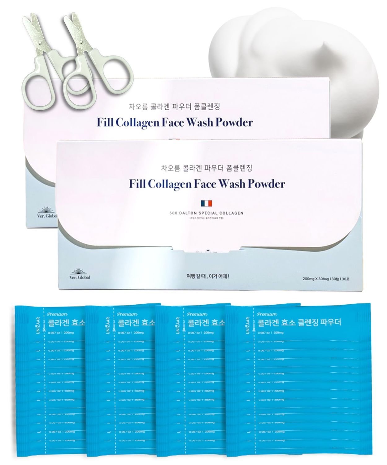 UNIZAAR Fill Collagen Enzyme Powder Face Wash Set of 2 - (0.007 oz * 60EA) Luxurious French Collagen &amp; Urea Infused Korean Cleanser, Travel Face Wash, Travel Size Face Wash for Women, Korean Skin Care