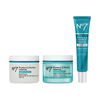 No7 Protect &amp; Perfect Anti Aging Skincare Set - Includes SPF 30 Daytime Face Cream, Hydrating Shea Butter Night Cream &amp; Hyaluronic Acid Face Serum (3 Piece Kit)