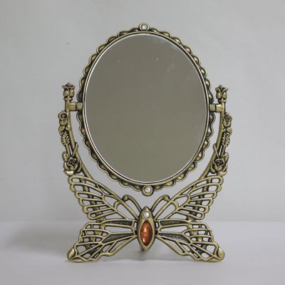 SEHAMANO Vintage Antique Butterfly Patterned Metal Frame Makeup Table Mirror, Decorative Oval Shaped Stand Mirror, Vanity Cosmetic Double Sided Rotatable Ellipse Mirror (Brass (Matt Gold), Medium)