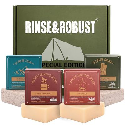 Rinse &amp; Robust Mens Bar Soap 4Pcs Natural Soap Bar Set Cleansing Bar Moisturizing&amp;Exfoliating Scrub Soap Gift Set Travelling for Men FACE BODY HAND BEARD WASH 4 In 1 All Skin Type |5.3 oz of 4 Bars