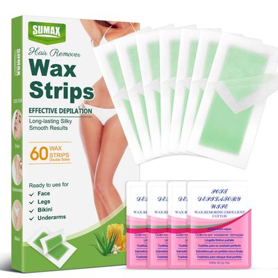 Sumax Hair Removal Wax Strips, 60 Count for All Skin Types, Body Hair Removal, Brazilian Wax Kit for Women, Face Bikini Wax Strips for Sensitive Areas, Includes Calming Oil Wipes