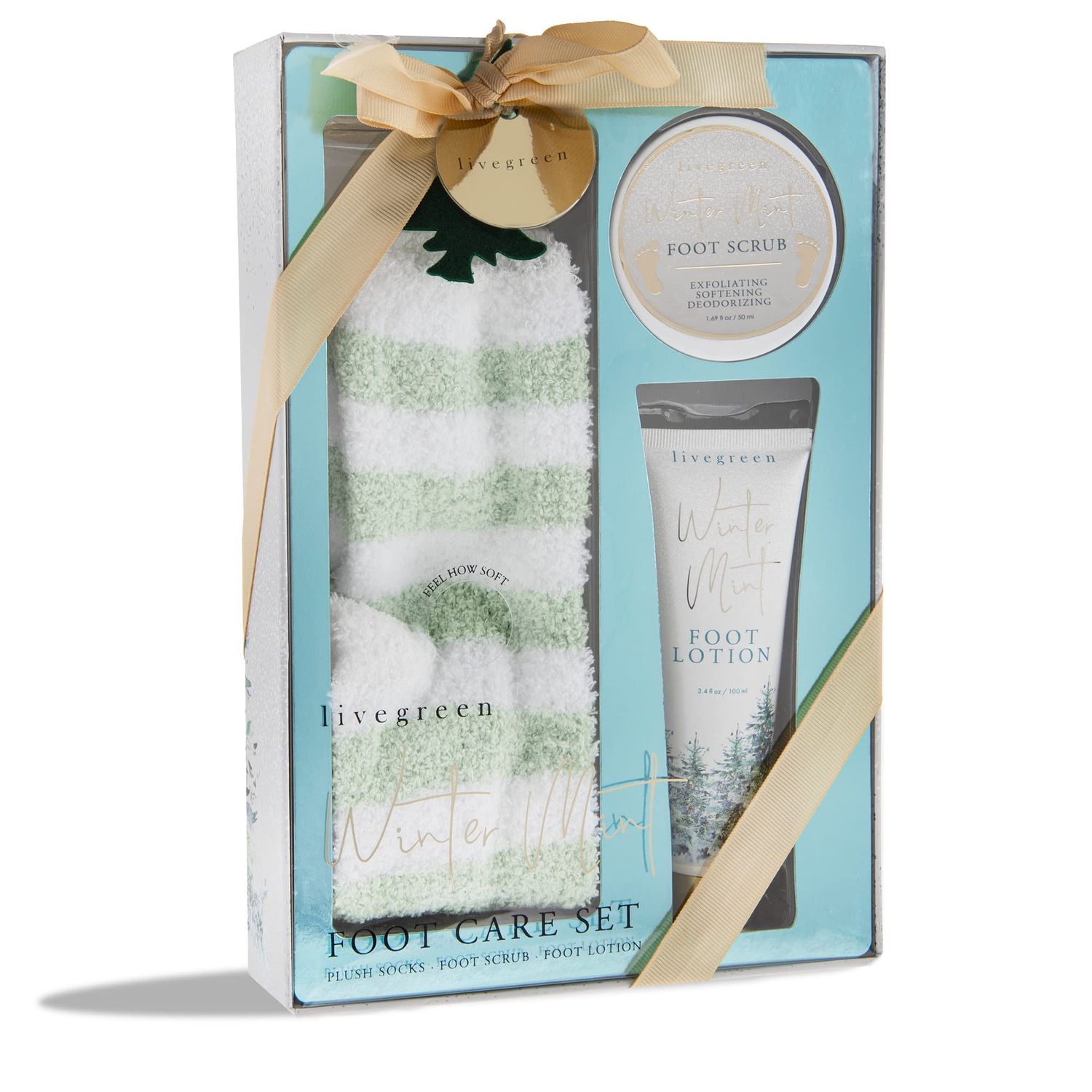 Live Green Bath and Body Present Set- Foot Spa Set with Fuzzy Socks, Lotion, and Scrub, Winter Mint