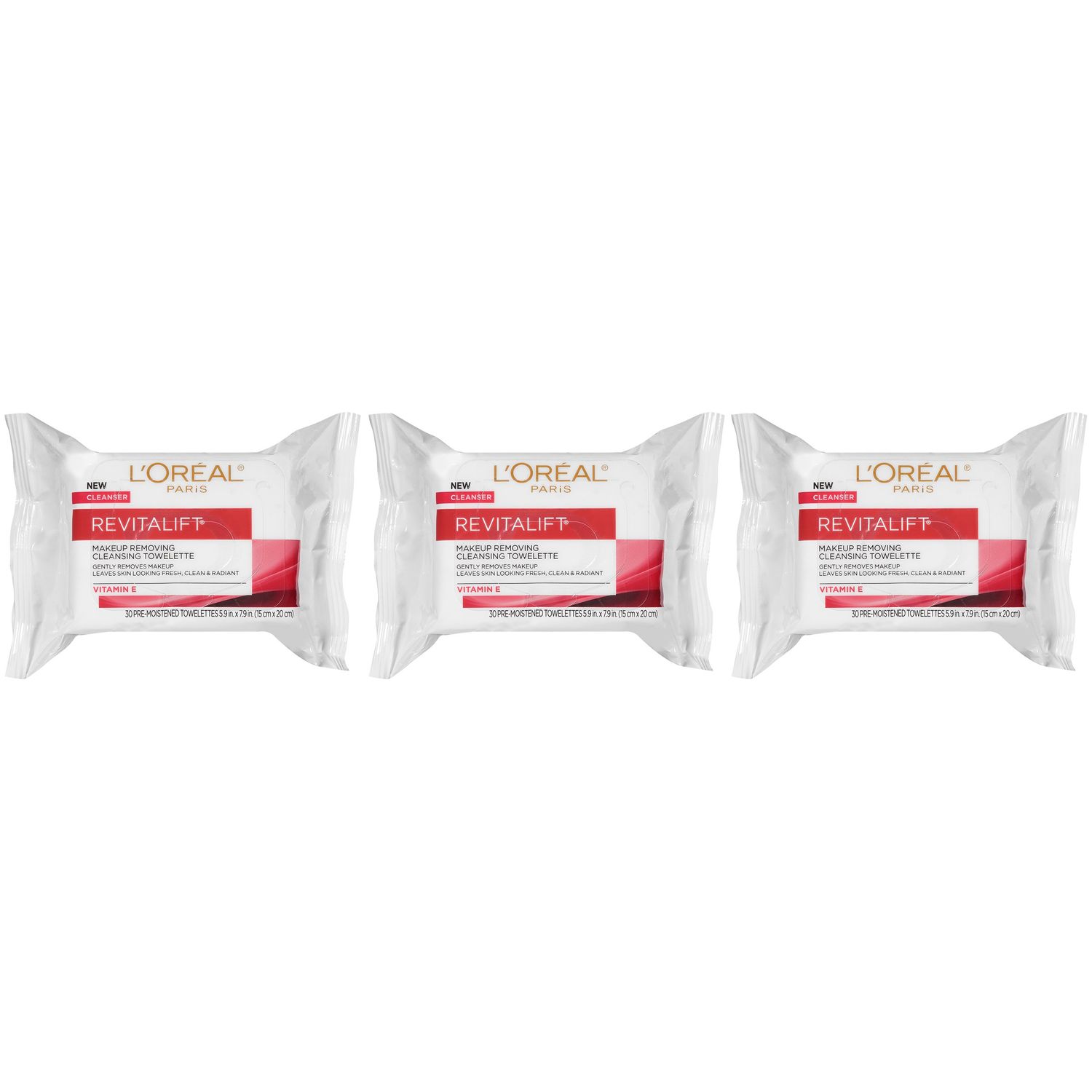 L&#39;Oreal Paris Revitalift Makeup Removing Wipes with Vitamin E, Face Cleansing Towelettes, 30 Count, Pack of 3