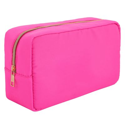 Nylon Makeup Bag Large Makeup Zipper Pouch Preppy Pencil Case for Women Travel Cosmetic Toiletry Bag Skin Care Bag 9.84 * 5.51 * 3.15in (Hot Pink)