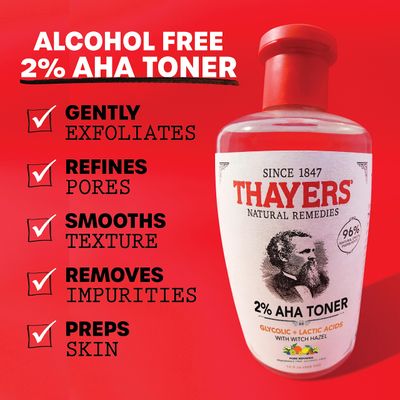 Thayers 2% AHA Exfoliating Toner with Glycolic Acid, Lactic Acid and Witch Hazel, Smoothing and Pore Refining Skin Care for All Skin Types, 12 Fl Oz