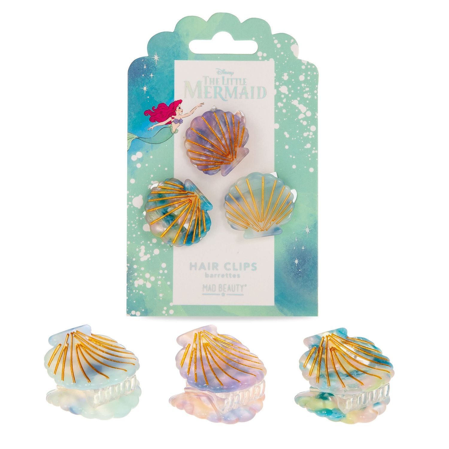 Mad Beauty Disney The Little Mermaid Ariel Hair Clips 3-Pack | Iridescent Seashells | Novelty Beauty, Cosmetic, and Skincare Gifts for Women, Adults, and Kids