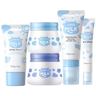 Milk Face Skincare Kit, Hydrating Skin Care Set Include Cream, Cleanser, Eye Cream, Moisturizer, Sunscreen, Improves Rough Skin and Shrinks Pores