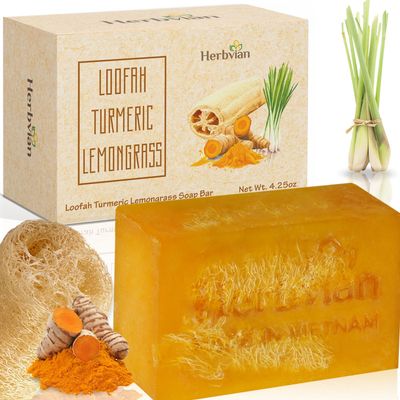 Loofah Soap Bar with Turmeric Lemongrass, Exfoliating Soap For Face and Body, Back Acne Body Soap, Cleansing Healthy Skin, Soap for Men, Women, Teen and All Skin Types