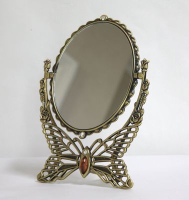 SEHAMANO Vintage Antique Butterfly Patterned Metal Frame Makeup Table Mirror, Decorative Oval Shaped Stand Mirror, Vanity Cosmetic Double Sided Rotatable Ellipse Mirror (Brass (Matt Gold), Medium)