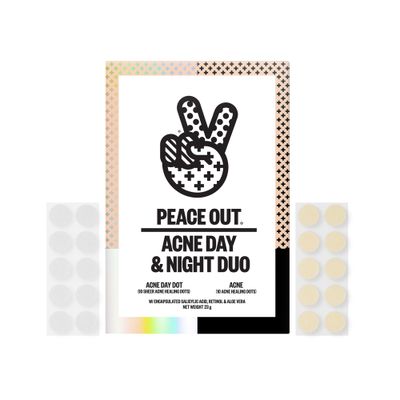 PEACE OUT Skincare Acne Day &amp; Night Duo. 6-hour Fast Acting Sheer Hydrocolloid Pimple Patches and Overnight Acne Dots with Salicylic Acid, Stickers to Cover and Clear Breakouts, 20 dots