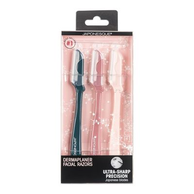 JAPONESQUE Foldable Dermaplaner Facial Razors - 3 Piece Set, Eyebrow And Facial Hair Razor Kit - One Blade Fixed Dermaplane Razor For Women