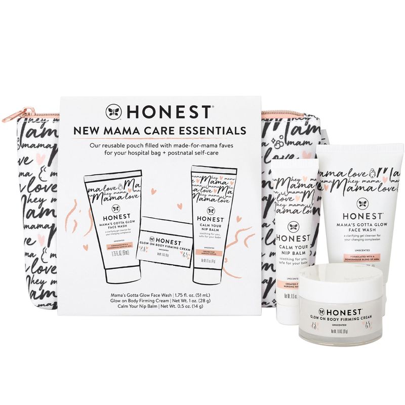 The Honest Company New Mama Care Essentials Gift Set | Hospital Bag Must Haves | Travel Size Nip Balm (0.5 oz), Glow On Body Cream (1 oz), Gotta Glow Face Wash (1.75 fl oz), Reusable Pouch