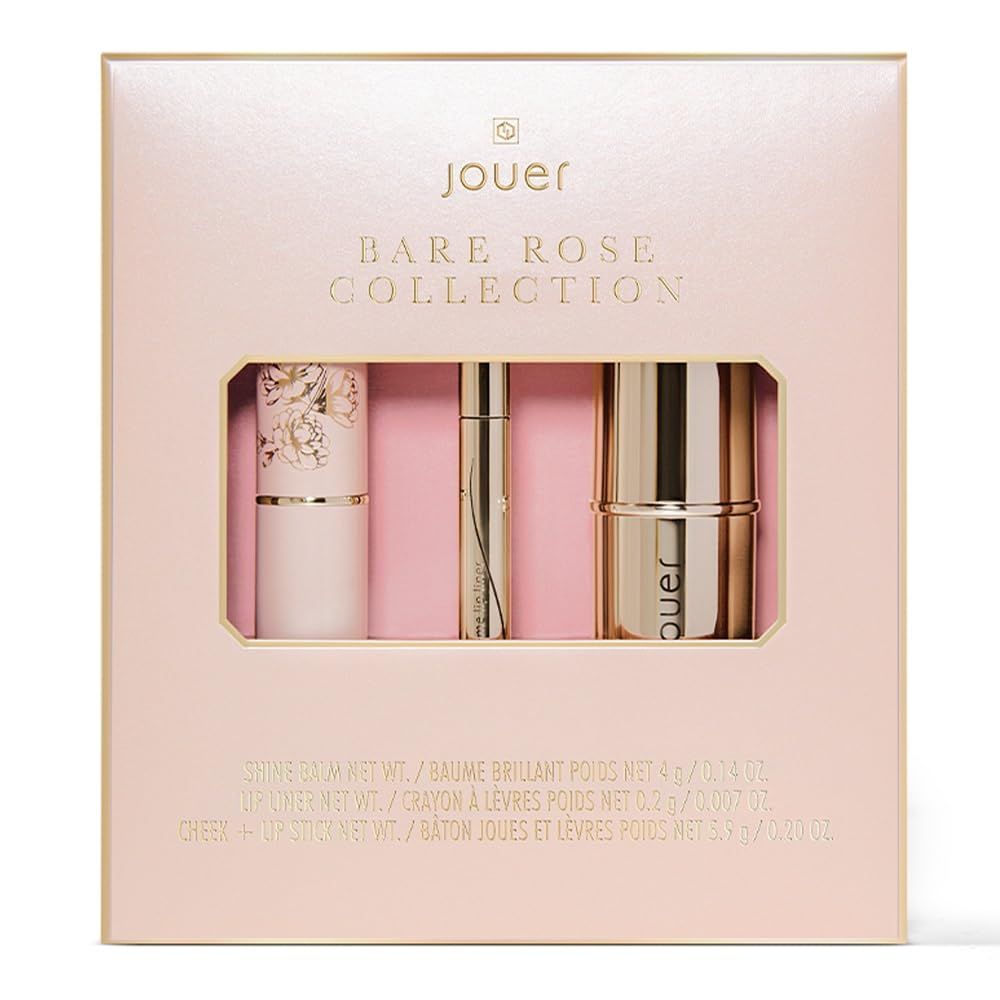 Jouer Bare Rose Collection - Blush Stick, Cream Lip Liner, Lip Plumping Balm Kit - Face Makeup in Rose Shades - Hydrating Formulas for Long Wear - Valued at $72