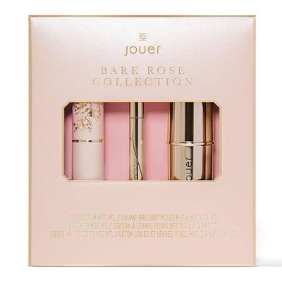 Jouer Bare Rose Collection - Blush Stick, Cream Lip Liner, Lip Plumping Balm Kit - Face Makeup in Rose Shades - Hydrating Formulas for Long Wear - Valued at $72
