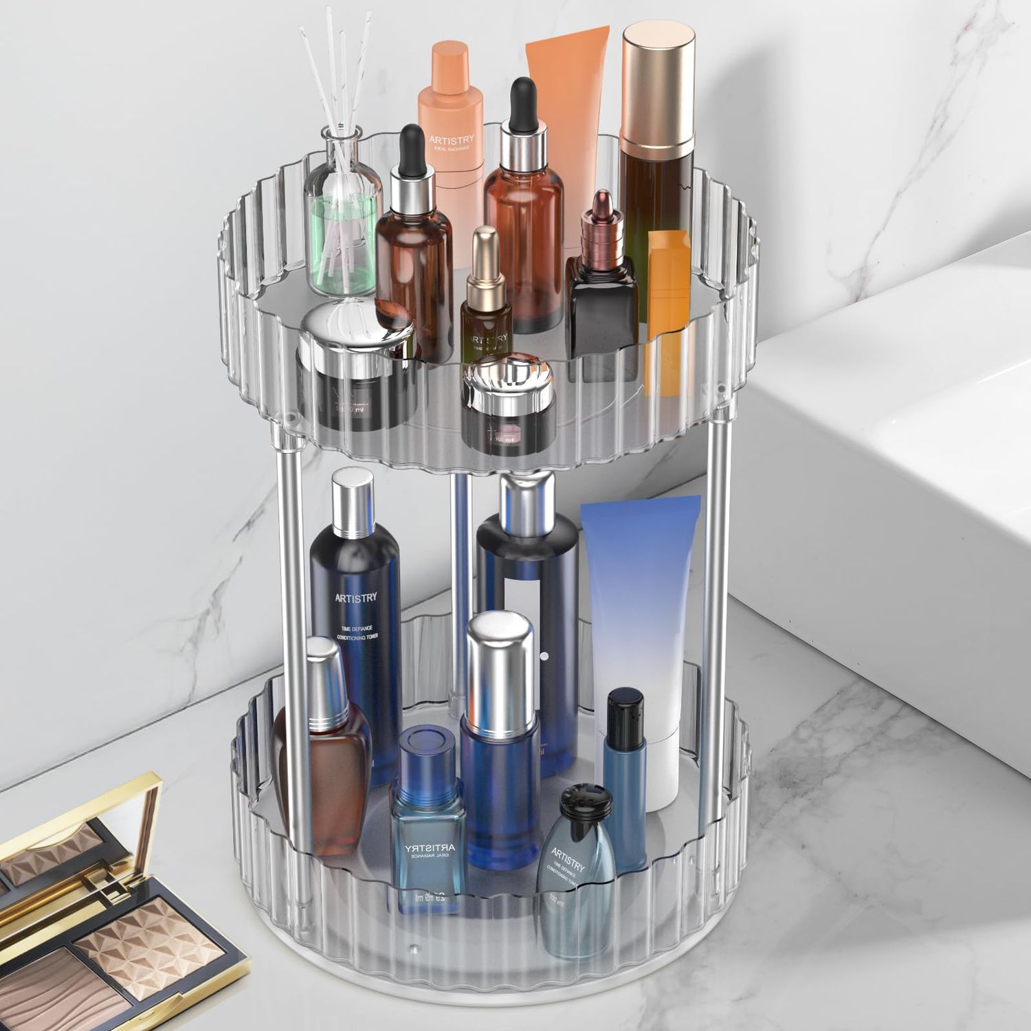 WNYT Makeup Organizer,360 Rotating Makeup Organizer, 2-Tier Round Rotating Skincare Organizer Countertop,Fits Bedroom, Bathroom, Vanity Shelf Countertop(Clear)