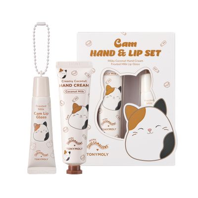 TONYMOLY x Squishmallows Cam the Cat 2PC Hand Cream &amp; Lip Gloss Set, Coconut Milk Hand Cream, Frosted Milk Lip Gloss