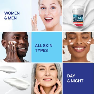 Retinol Cream for Face with Hyaluronic Acid, Day-Night Anti-Aging Moisturizer for Women, Men, Collagen Cream for Face Reduces Wrinkles, Dryness, 1.85 Oz
