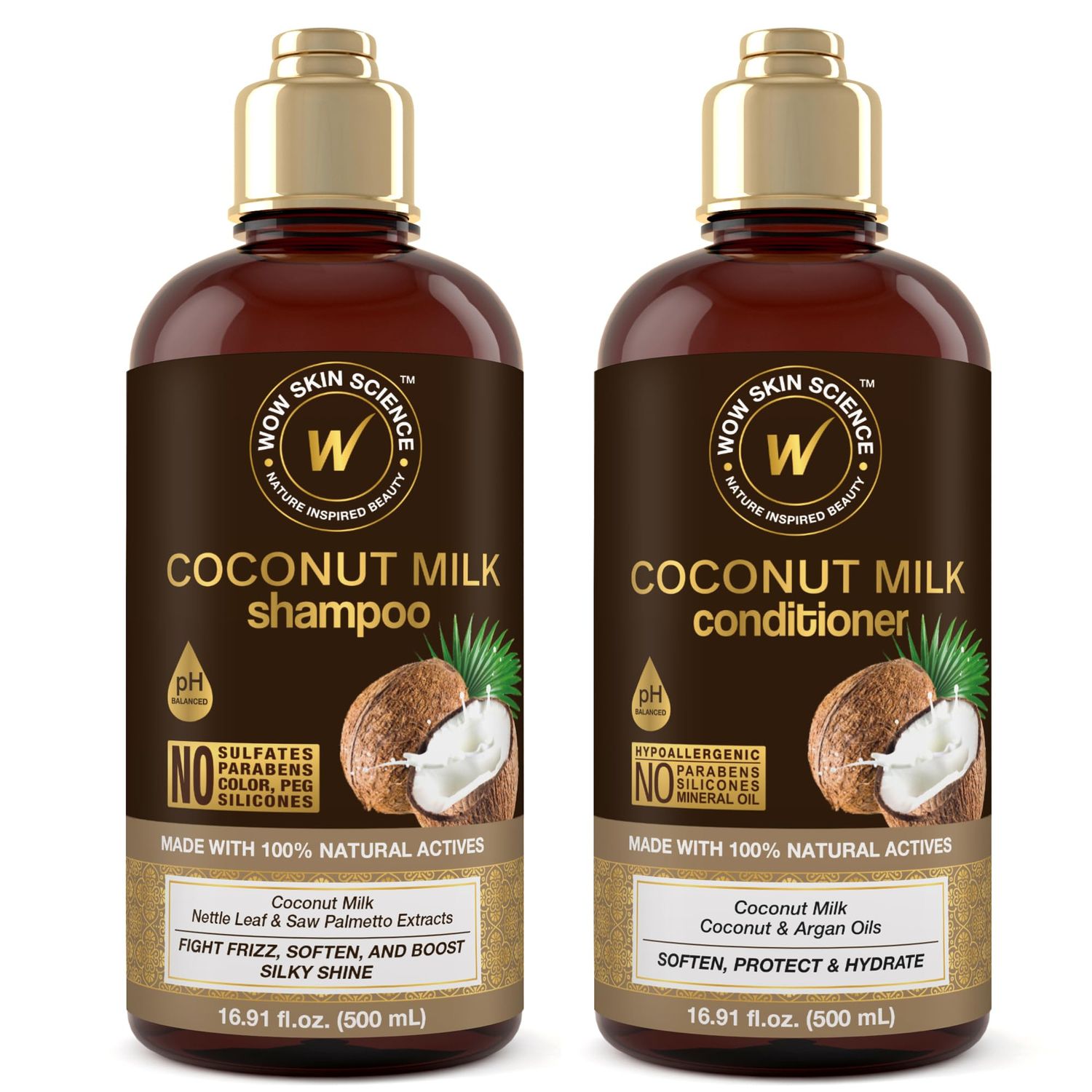 WOW Skin Science Coconut Milk Shampoo and Conditioner Set - Shampoo &amp; Conditioner for Curly Hair - Paraben Sulfate Free - 33.82 Fl Oz