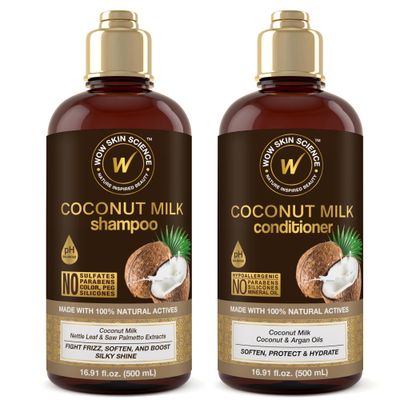 WOW Skin Science Coconut Milk Shampoo and Conditioner Set - Shampoo &amp; Conditioner for Curly Hair - Paraben Sulfate Free - 33.82 Fl Oz