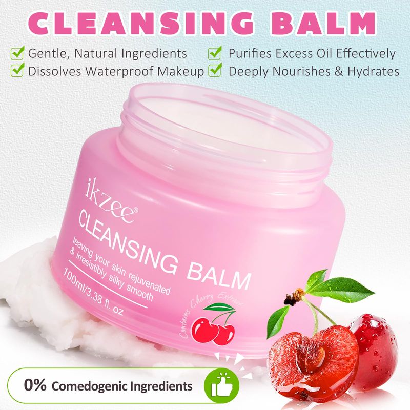 ZIXAOK Cleansing Balm Makeup Remover - 100ml Deep Nourishing Makeup Remover Balm, Luxurious Hydrating Cleanser for Waterproof Makeup, Gentle for All Skin Types, Cherry Scented