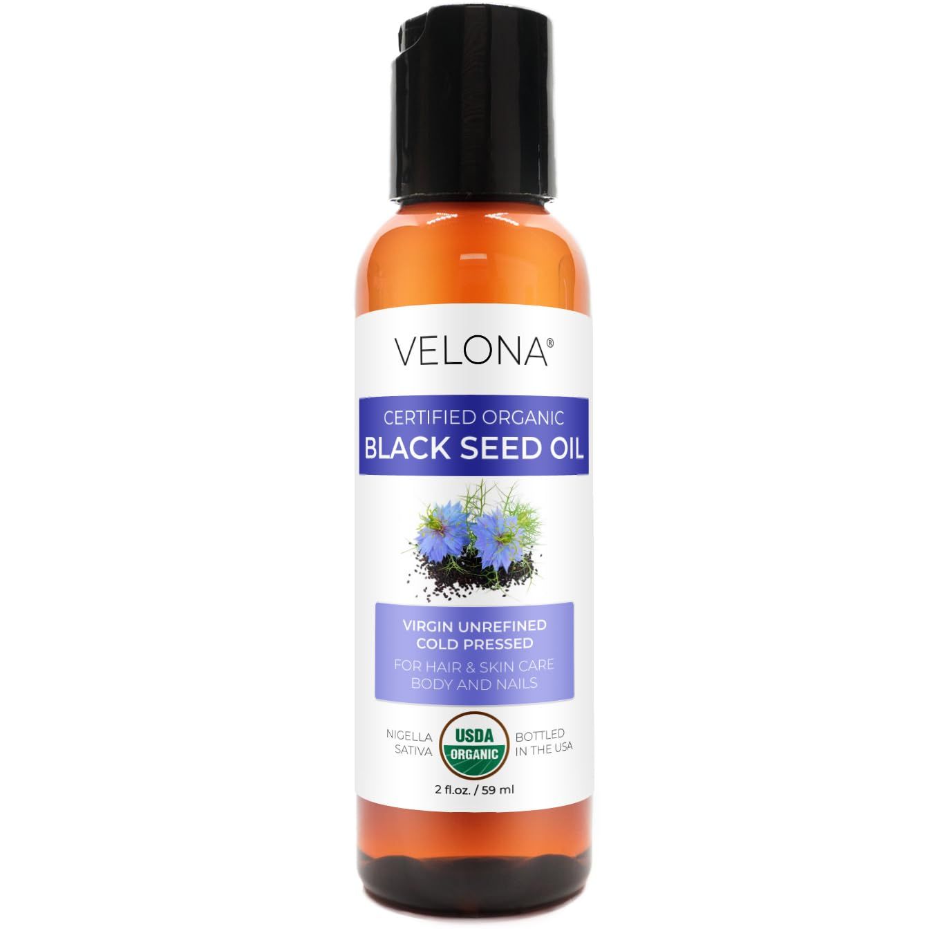 Velona Black Cumin Seed Oil USDA Certified Organic - 2 Fl Oz | 100% Pure and Natural Carrier Oil | Unrefined, Cold Pressed | Hair, Body and Skin Care | Use Today - Enjoy Results