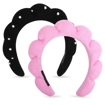 Wecoe 2pcs Skincare Headbands For Washing Face Black Pearl Fluffy Spa Headbands Cute Pink Makeup Headband Face Wash Puffy Sponge Bubble Headband Hair Accessories For Women Girls Kids Teens Gifts