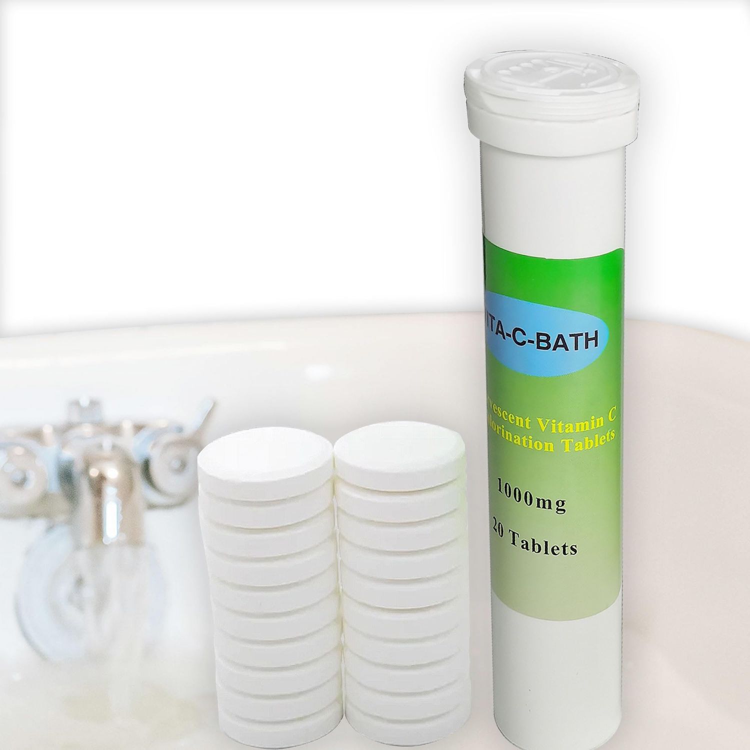 VITA-C-BATH VITA C BATH Effervescent Tablets 1000mg Vitamin C Dechlorination for Bath, Rellef Dry &amp; Itchy Skin, Good for Sensitive Skin and Rough and Dry Hair (100% Organic) 20 tabets, White