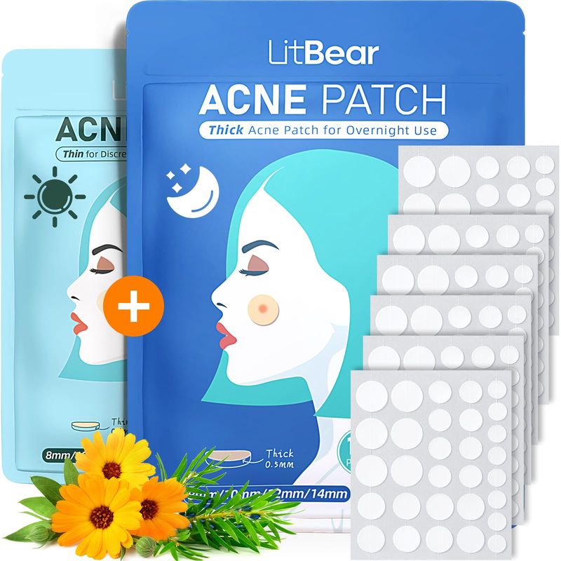 LitBear Acne Pimple Patches- Day and Night 4 Sizes 180 Dots Thin &amp; Thick Hydrocolloid Patches with Witch Hazel, Tea Tree &amp; Calendula Oil, Extra Adhesion for Face Zit Patch Dots