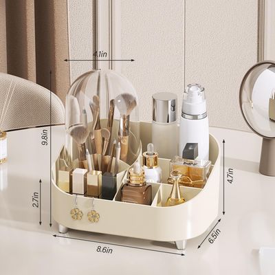 ittyfei Makeup Organizer, Cosmetic Display Case with Brush Holder and Transparent Cover, Fits Makeup, Skincare, Brushes, Lipsticks, Makeup Storage Organizer for Countertop, Bathroom, Dresser (beige)