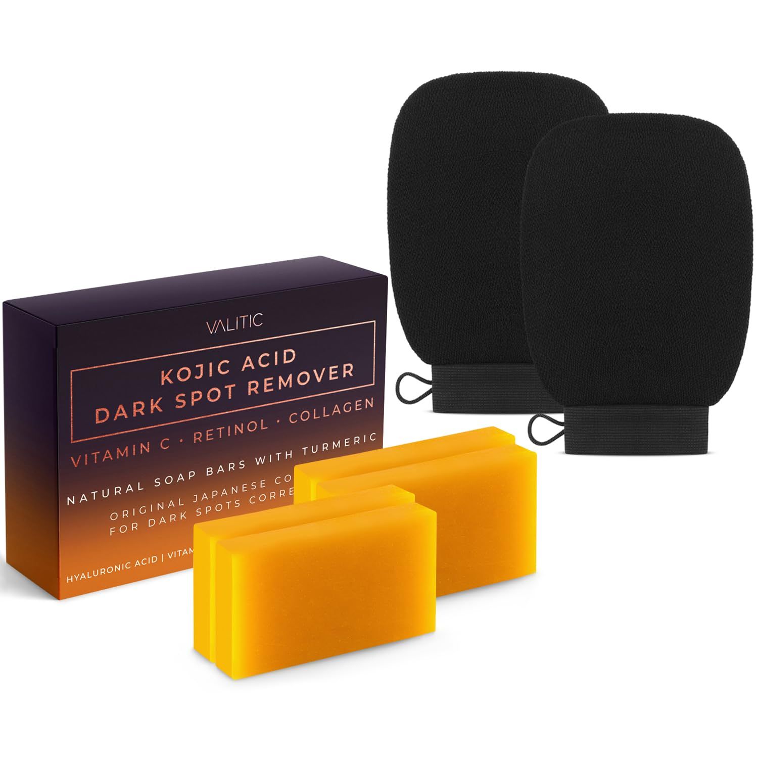 Valitic 4 Pack Kojic Acid Dark Spot Corrector Soap Bars with Vitamin C, Retinol, Collagen, Turmeric - Original Japanese Complex with Hyaluronic Acid &amp; A Pair of Black Exfoliating Gloves for Body Scrub