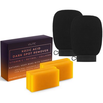 Valitic 4 Pack Kojic Acid Dark Spot Corrector Soap Bars with Vitamin C, Retinol, Collagen, Turmeric - Original Japanese Complex with Hyaluronic Acid &amp; A Pair of Black Exfoliating Gloves for Body Scrub