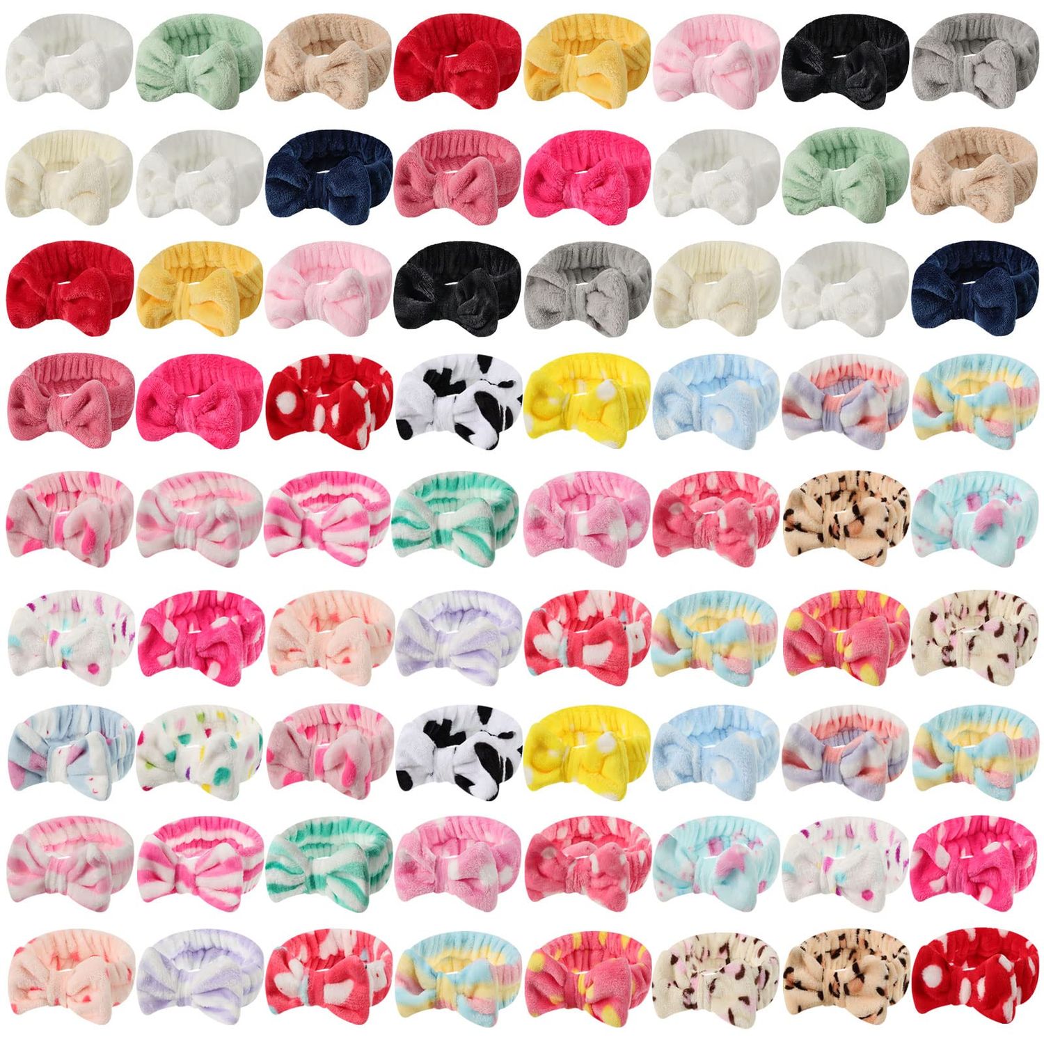 Jutom 74 Pcs Spa Headband Bulk for Women Coral Fleece Bow Makeup Headband Cosmetic Skincare Hairband for Washing Face Soft Facial Hair Wrap Headband Terry Cloth Headbands for Spa Party, 32 Styles