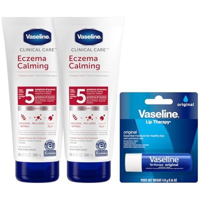 Vaseline Eczema Lotion, Calming Therapy Cream 2-Pack with Colloidal Oatmeal + Original Vaseline Lip Therapy for Dry Lips with Petroleum Jelly (3 Piece Set)