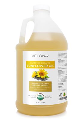 velona USDA Certified Organic Sunflower Oil - 64 Fl Oz | 100% Pure and Natural Carrier Oil | High Oleic, Refined, Expeller Pressed | Cooking, Skin, Hair, Body &amp; Face Moisturizing