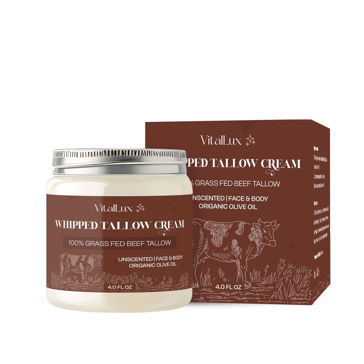 VitalLux Beef Tallow for Skin - 100% Organic Grass-Fed Tallow Whipped Moisturizer | Face + Body, Unscented, 4 FL. oz Natural Nourishment