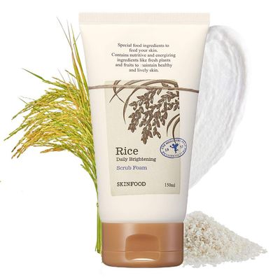 SKINFOOD Rice Daily Scrub Foam 5.07 oz. (150ml) - Hypoallergenic Micro Fine Rice Bran Facial Scrub Foaming Cleanser, Skin Exfoliating with Dense Foam - Exfoliating Face Scrub - Sensitive Skin Scrub