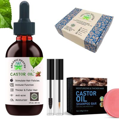 Organic Heaven CASTOR OIL 2 fl. o.z. (60 ml) with SHAMPOO BAR (Made with Organic Ingredients) | Non-greasy Formula | Prevents Hair Loss &amp; Promotes Thicker &amp; Fuller Hair | GIFT BOX PACKAGING