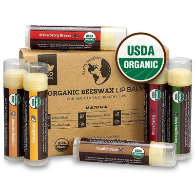 USDA Organic Lip Balm 6-Pack by Earth&#39;s Daughter - Fruit Flavors, Beeswax, Coconut Oil, Vitamin E - Best Lip Repair Chapstick for Dry Cracked Lips - Moisturizing Lip Care