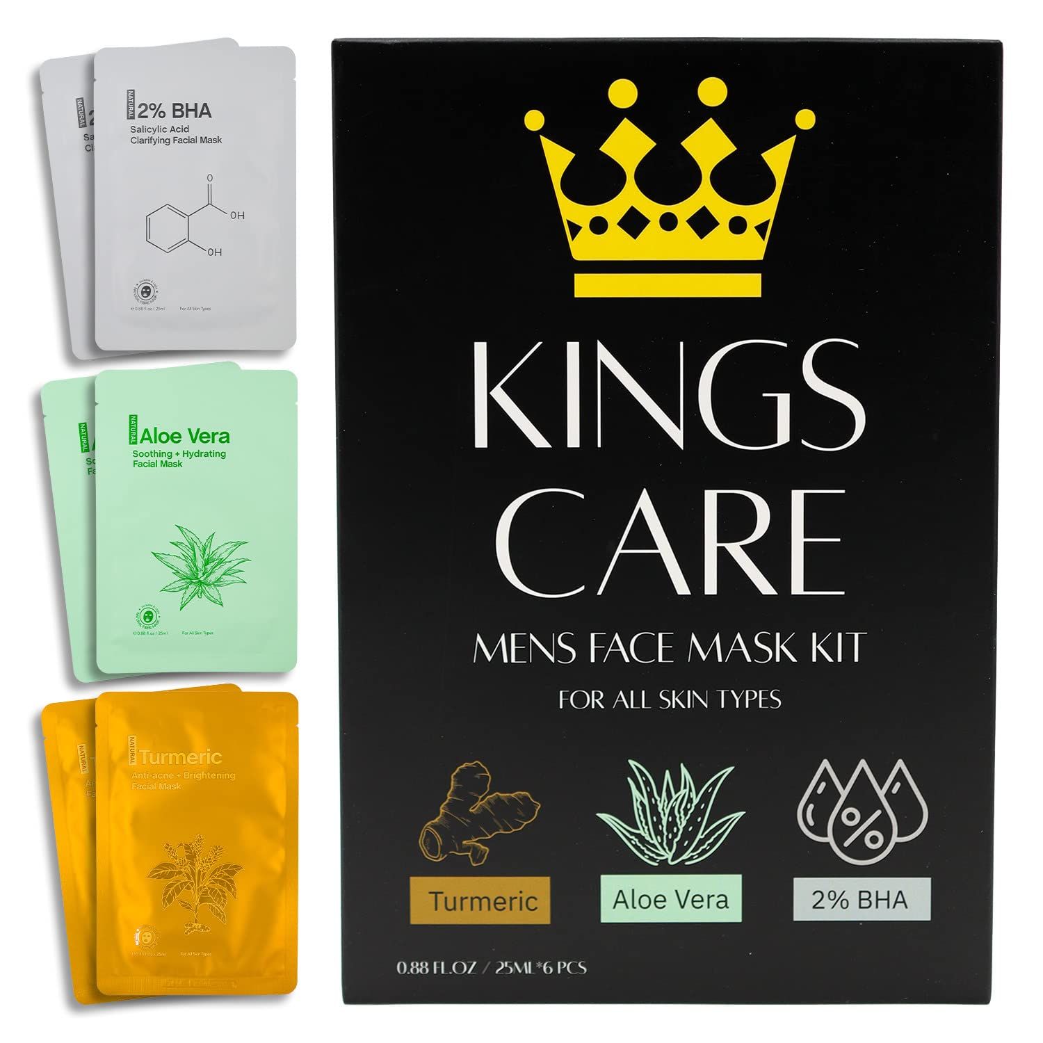 Kings Care Mens Face Mask Skin Care Kit (6 Pack) - Turmeric Anti-Acne, Aloe Vera Soothing &amp; 2% BHA Salicylic Acid Sheet Mask - Skin Care for Men Face Masks for Hydrating, Brightening &amp; Refining Pores